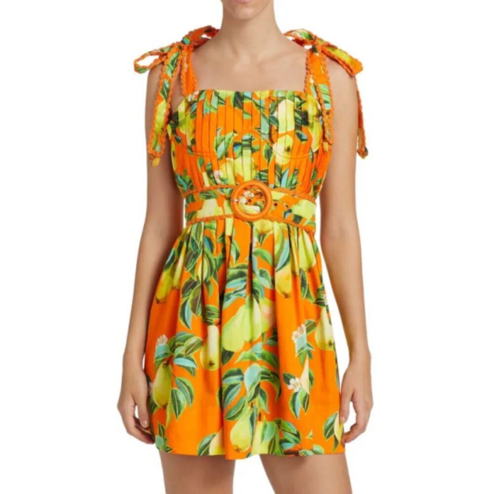 Farm Rio 'Chic Pears' Tie-Shoulder Cotton Mini-Dress, Orange Multi